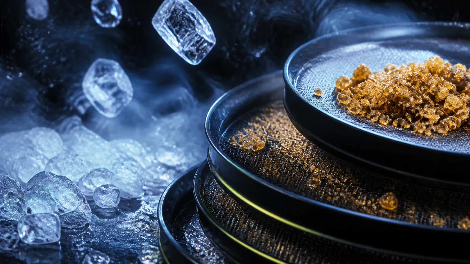Cristaux de glace, mailles de filtration et résine CBD ambrée dans une scène de laboratoire éditoriale bleu nuit