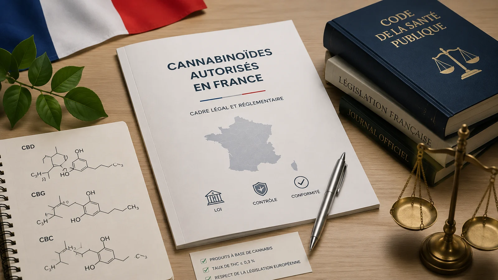 Composition éditoriale sur le cadre légal français des cannabinoïdes : code de la santé publique, structures moléculaires et balance