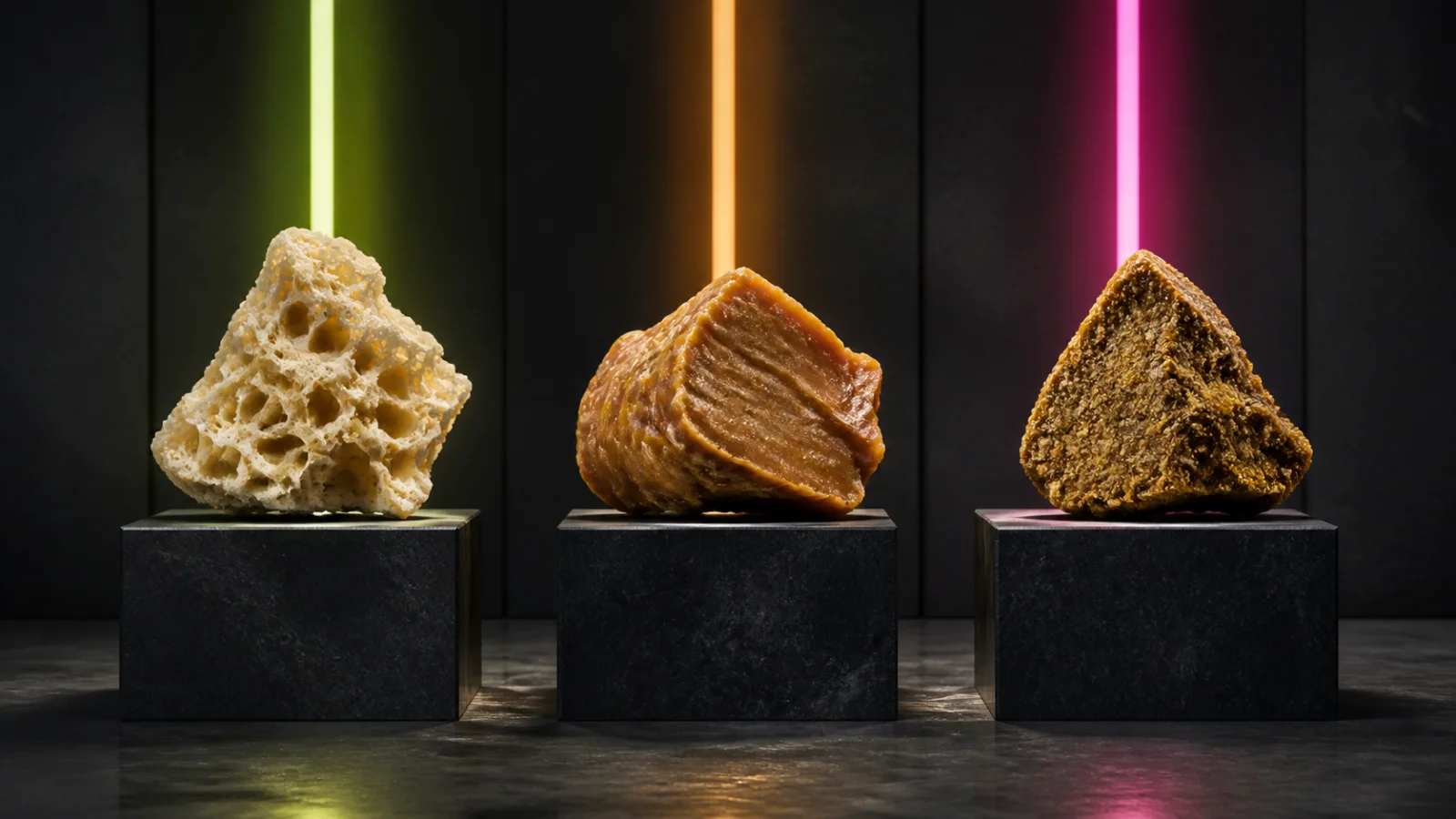 Trois textures de résine CBD claire, ambrée et filtrée présentées sur des socles de studio