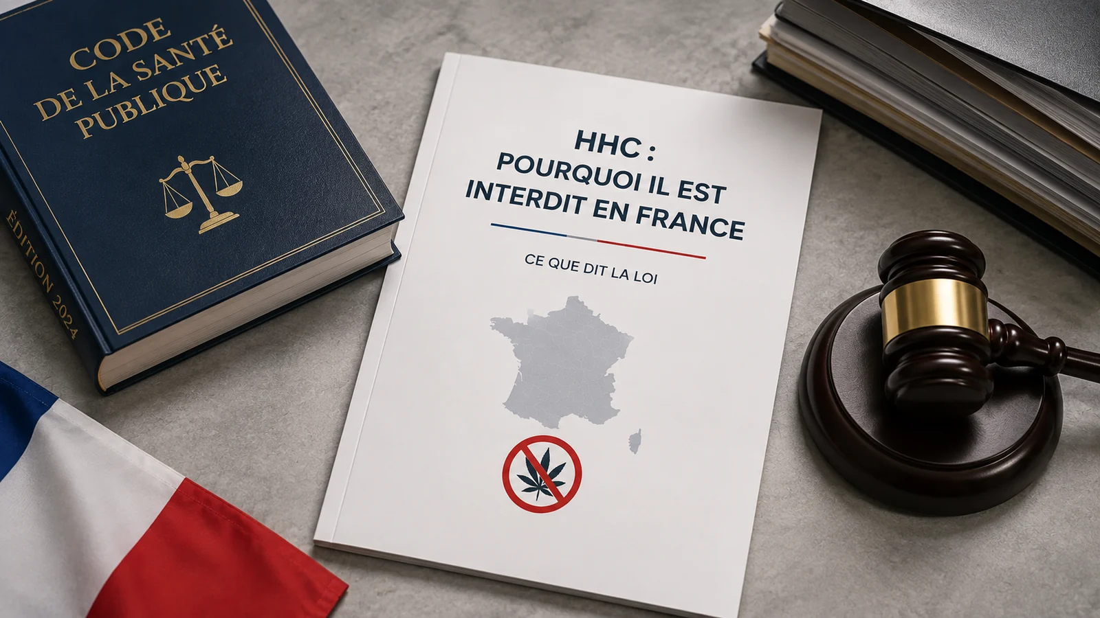 Composition éditoriale sur l'interdiction du HHC en France : code de la santé publique, marteau de justice et drapeau français