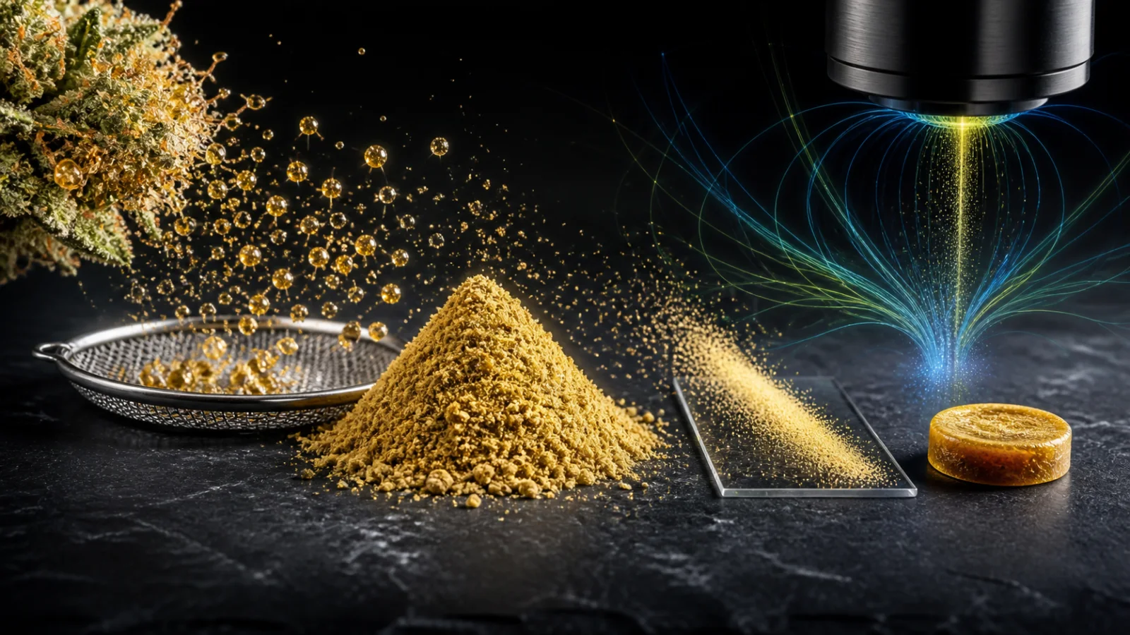 Progression visuelle de pollen de chanvre, dry sift tamisé et fraction affinée par séparation statique