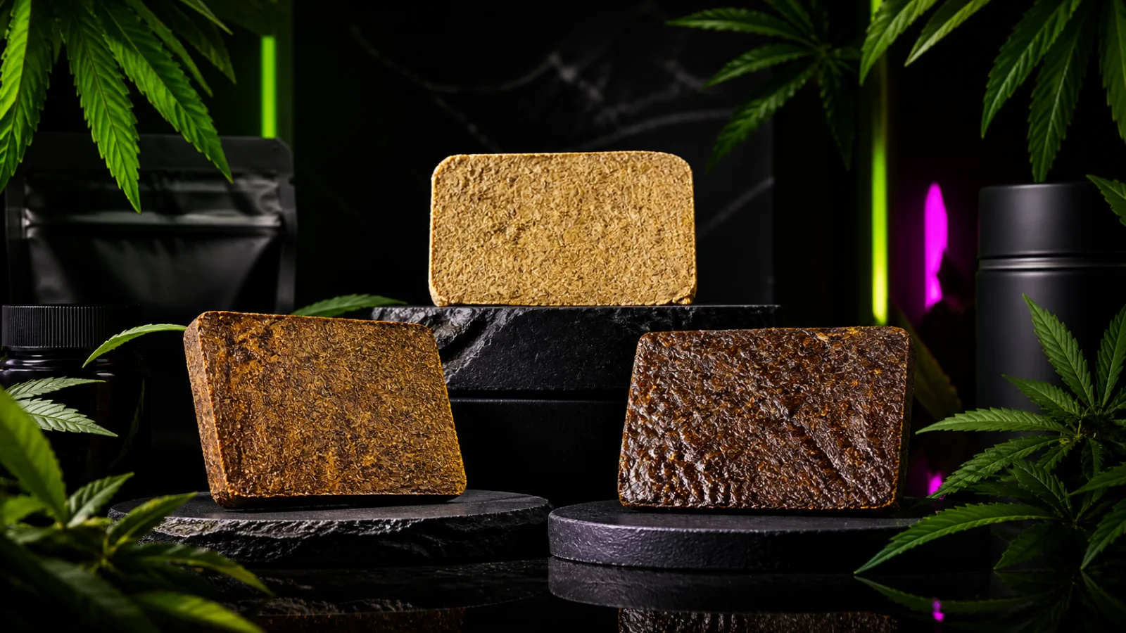 Mise en scène premium de trois plaquettes de résine CBD aux textures distinctes sur des socles noirs