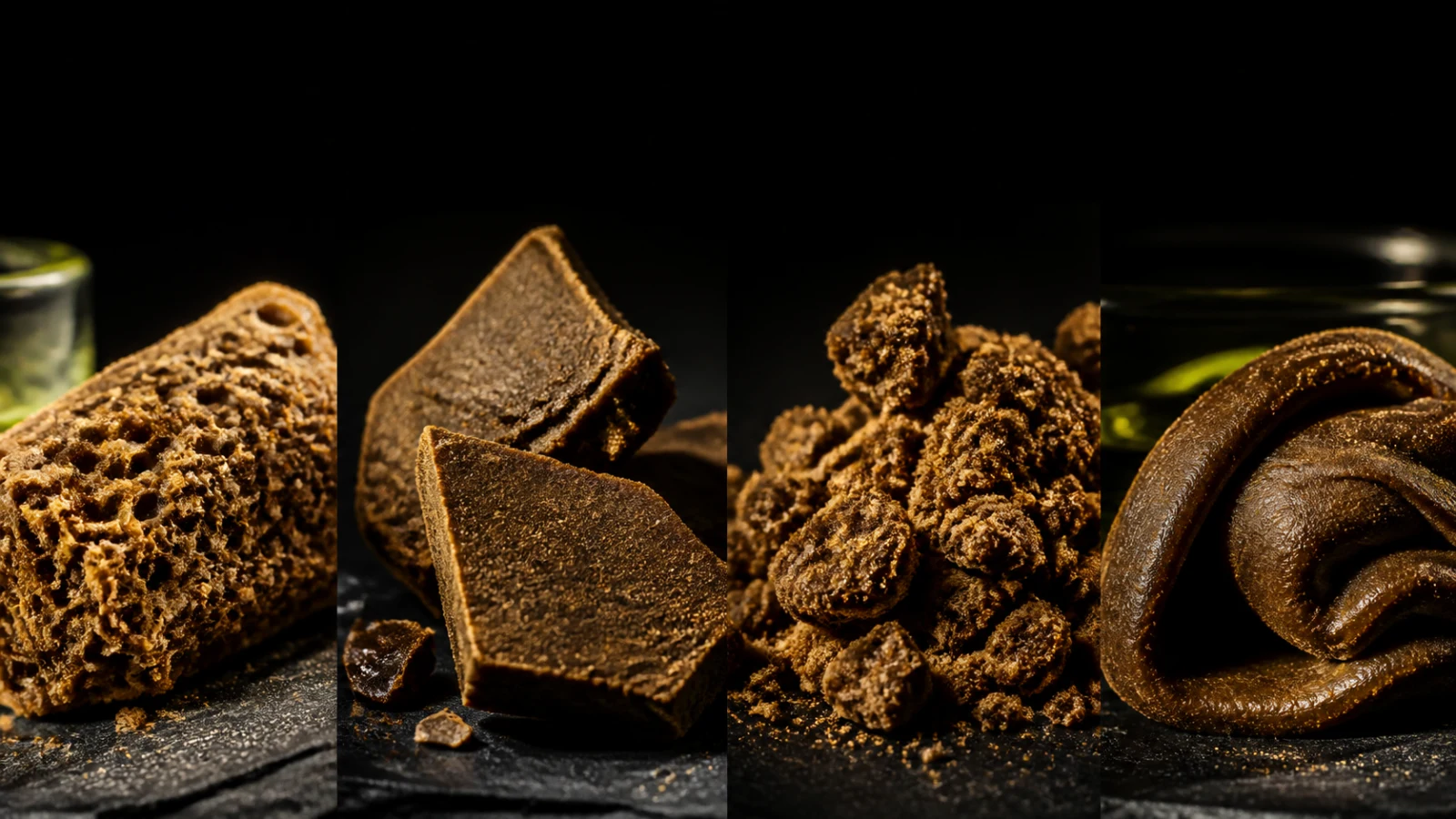 Quatre textures macro de résine CBD souple, sèche, friable et malléable présentées dans un laboratoire de matières premium