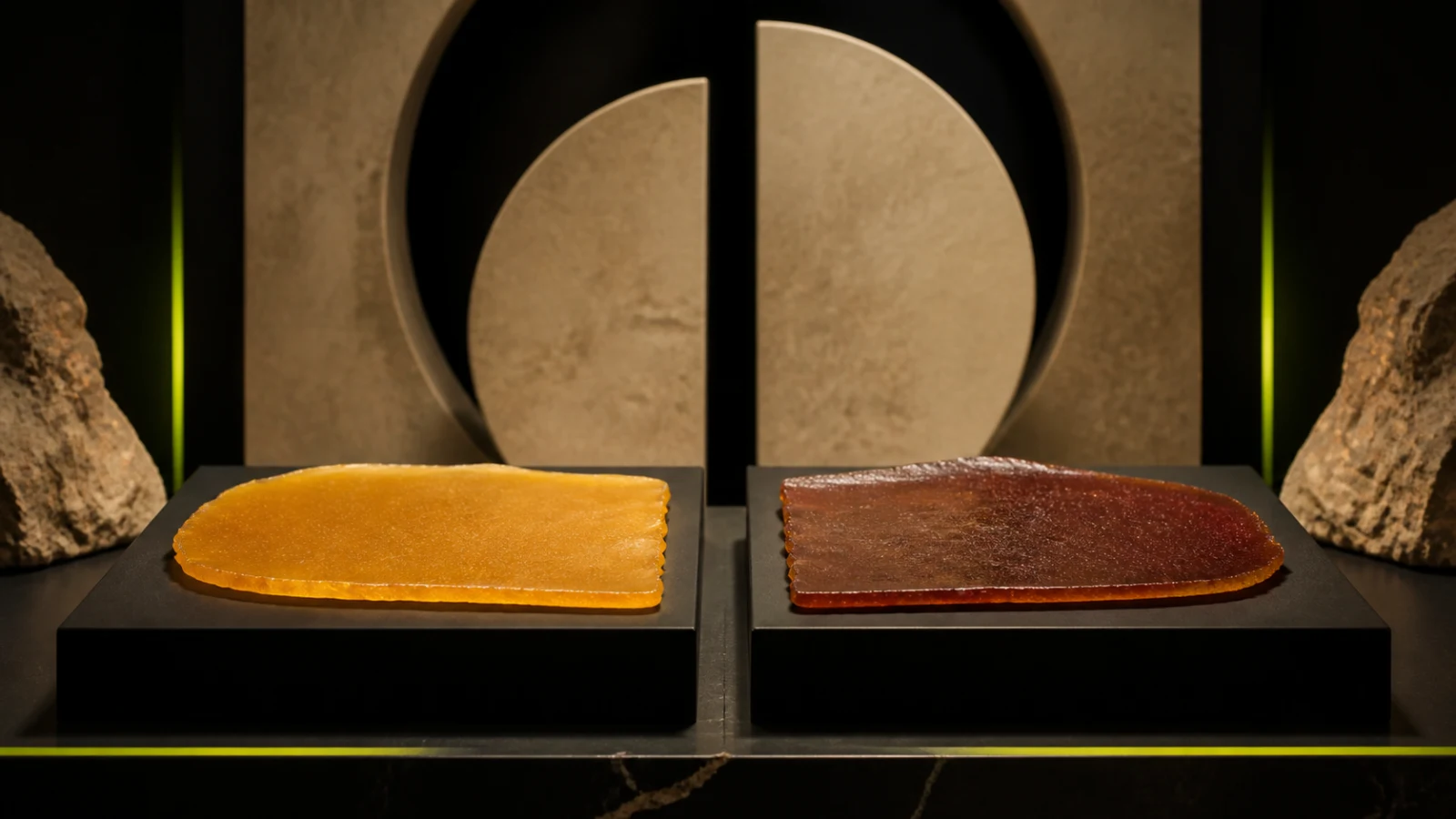 Deux fines plaques de résine CBD blonde et brun rouge présentées dans une scène éditoriale méditerranéenne haut de gamme