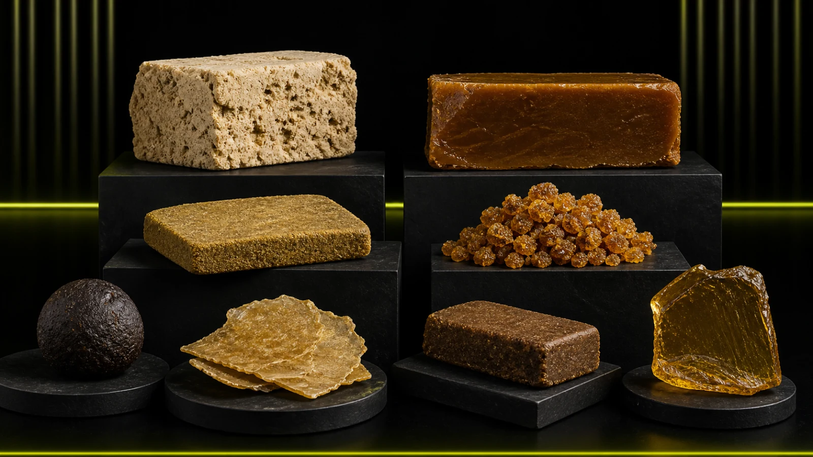 Collection éditoriale de résines CBD aux textures blonde, brune, mousseuse, tamisée et pressée présentées comme un nuancier