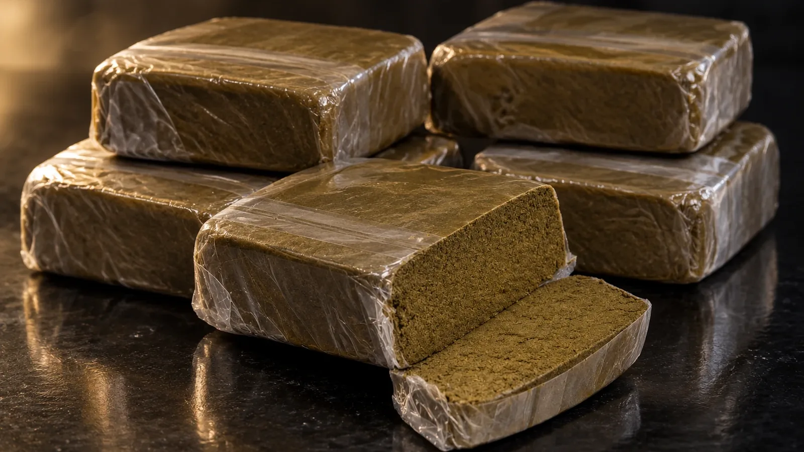 Cinq plaquettes de résine CBD Caramelo de 100 g sous film transparent, l'une ouverte laissant voir sa texture pressée brun doré