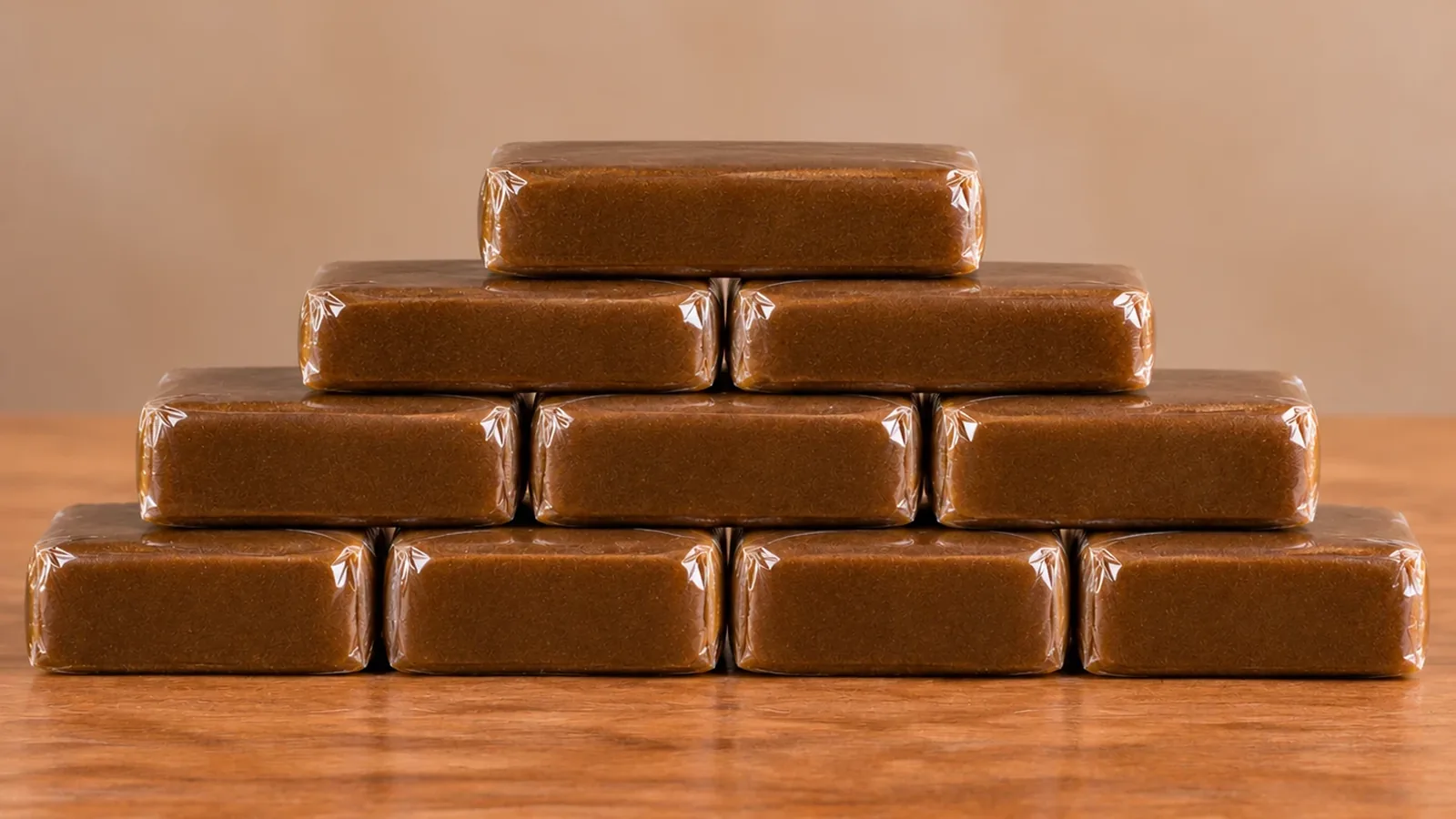 Dix plaquettes de résine CBD Caramelo de 100 g sous film transparent, à la texture lisse couleur caramel, empilées en pyramide sur une table en bois