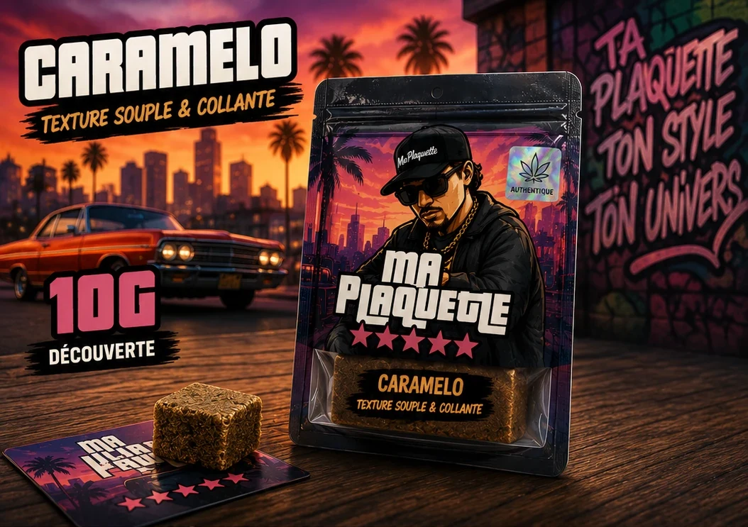 Morceau de plaquette CBD Caramelo 10 g — sachet, visuel de présentation