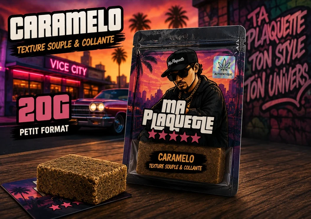 Morceau de plaquette CBD Caramelo 20 g — sachet, visuel de présentation