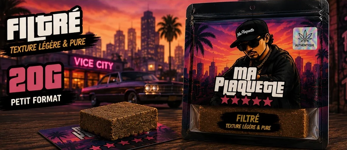 Morceau de plaquette CBD Filtré 20 g — sachet, visuel de présentation