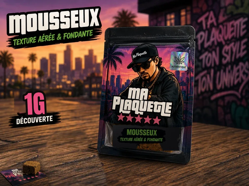 Morceau de plaquette CBD Mousseux 1 g — sachet, visuel de présentation