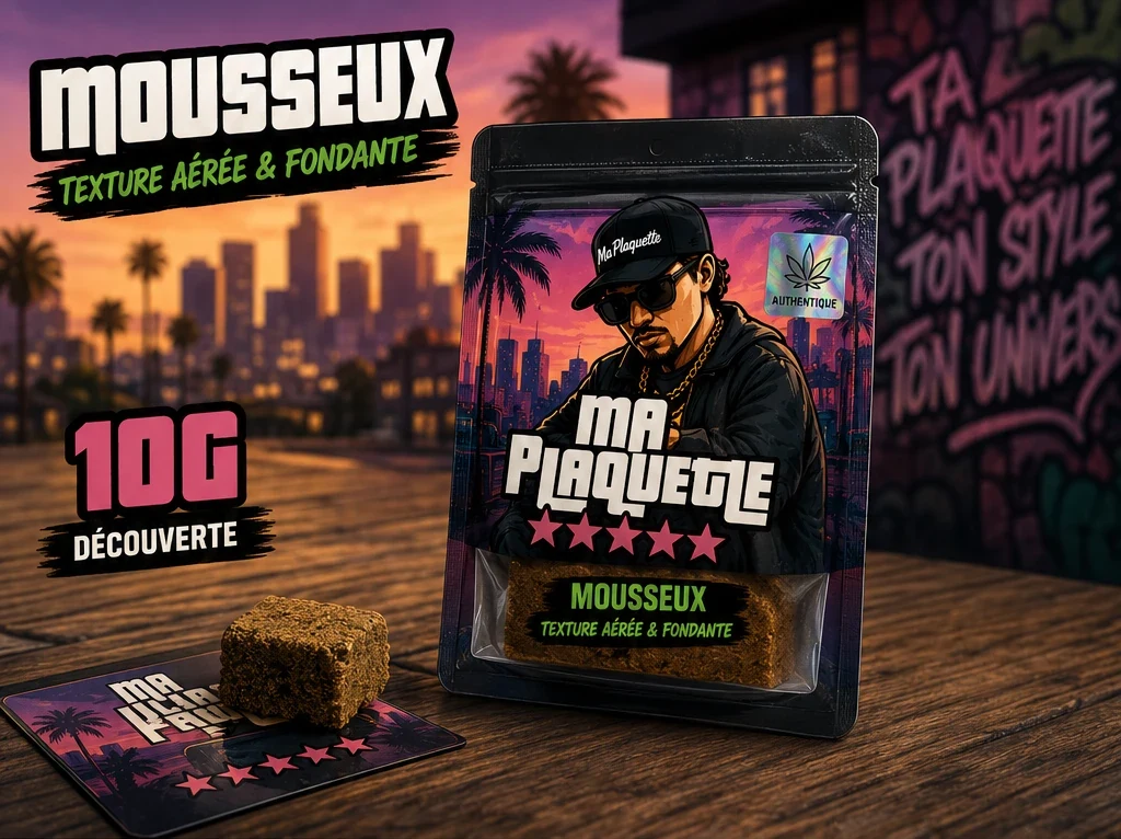 Morceau de plaquette CBD Mousseux 10 g — sachet, visuel de présentation