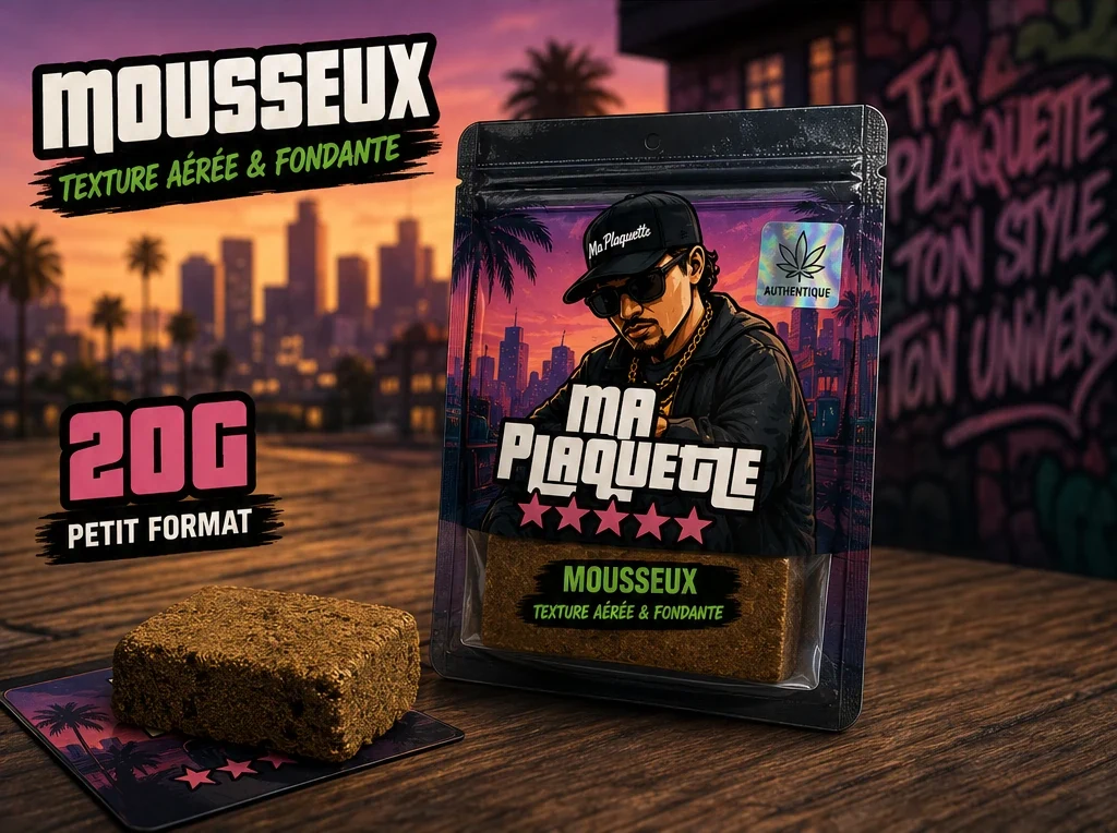 Morceau de plaquette CBD Mousseux 20 g — sachet, visuel de présentation