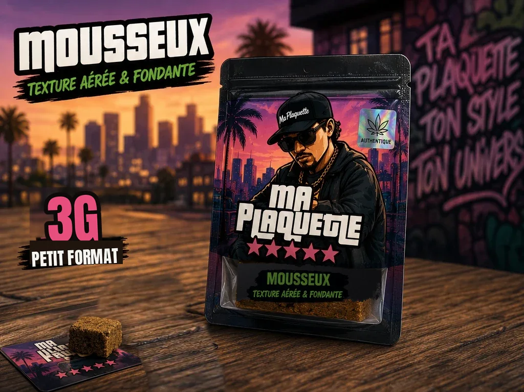 Morceau de plaquette CBD Mousseux 3 g — sachet, visuel de présentation