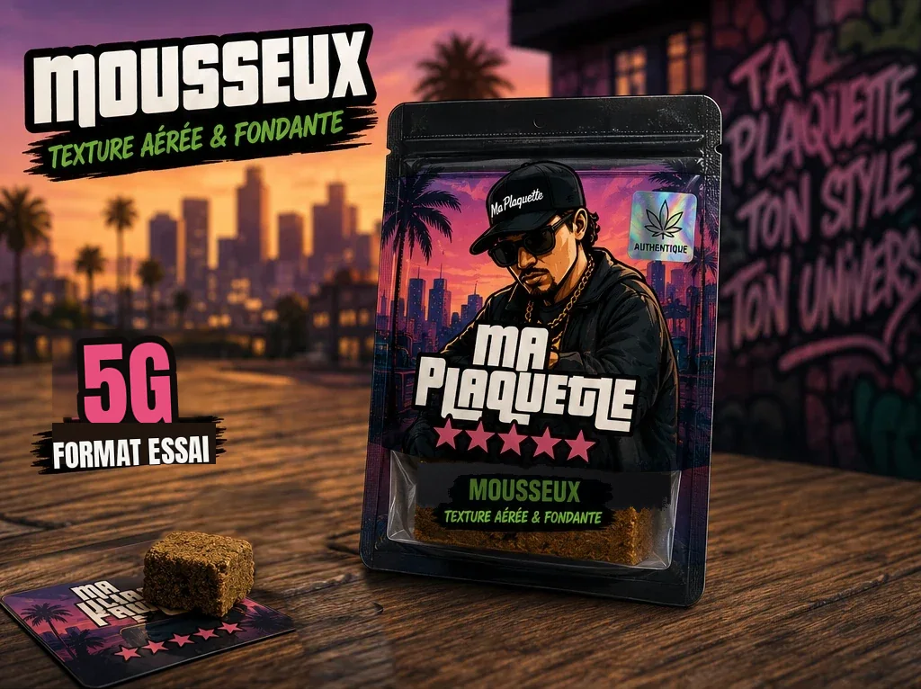 Morceau de plaquette CBD Mousseux 5 g — sachet, visuel de présentation