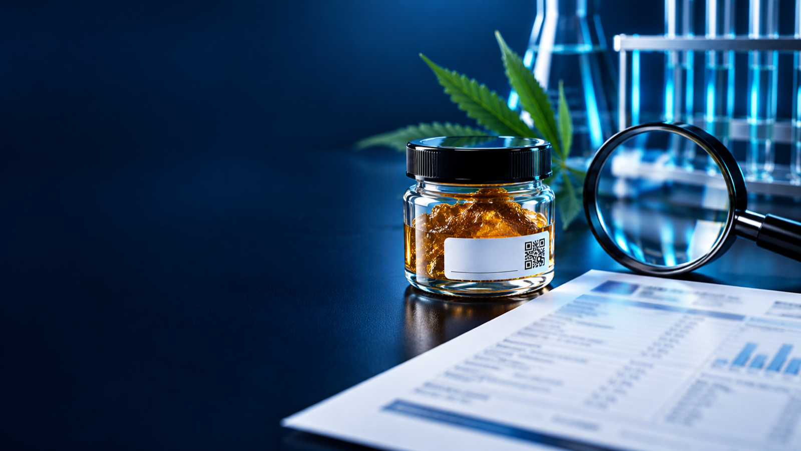 Échantillon de résine de chanvre et fiche de contrôle en ambiance laboratoire