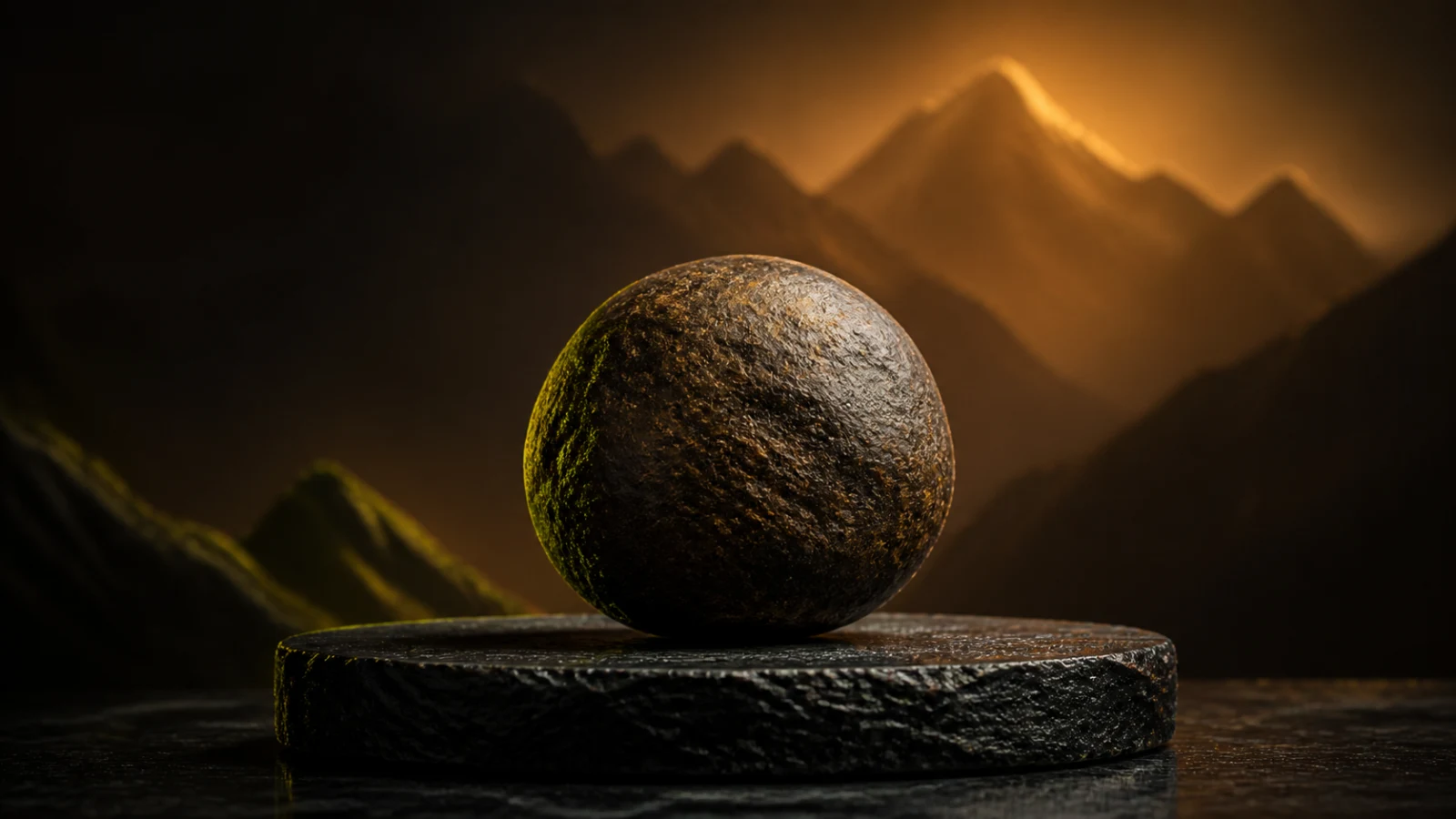 Boule de résine CBD sombre façonnée à la main dans une composition éditoriale chaleureuse inspirée des vallées himalayennes