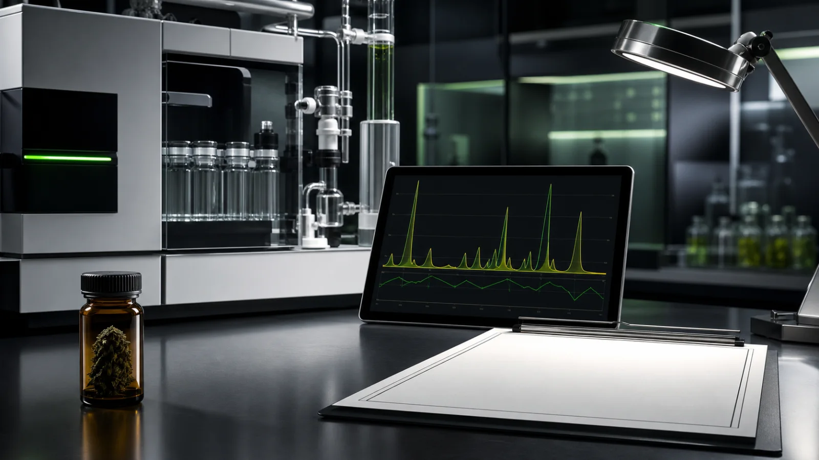 Flacon d’échantillon, chromatographe et certificat d’analyse CBD dans un laboratoire contemporain