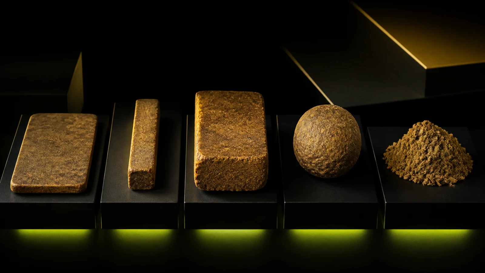 Plaquette, barrette, pain et boule de résine CBD alignés comme des formats de design sur un fond de studio sombre