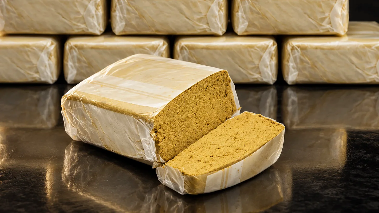 Plaquette de résine CBD de 100 g ouverte sur sa texture pressée dorée, devant une pile de plaquettes emballées formant un kilogramme