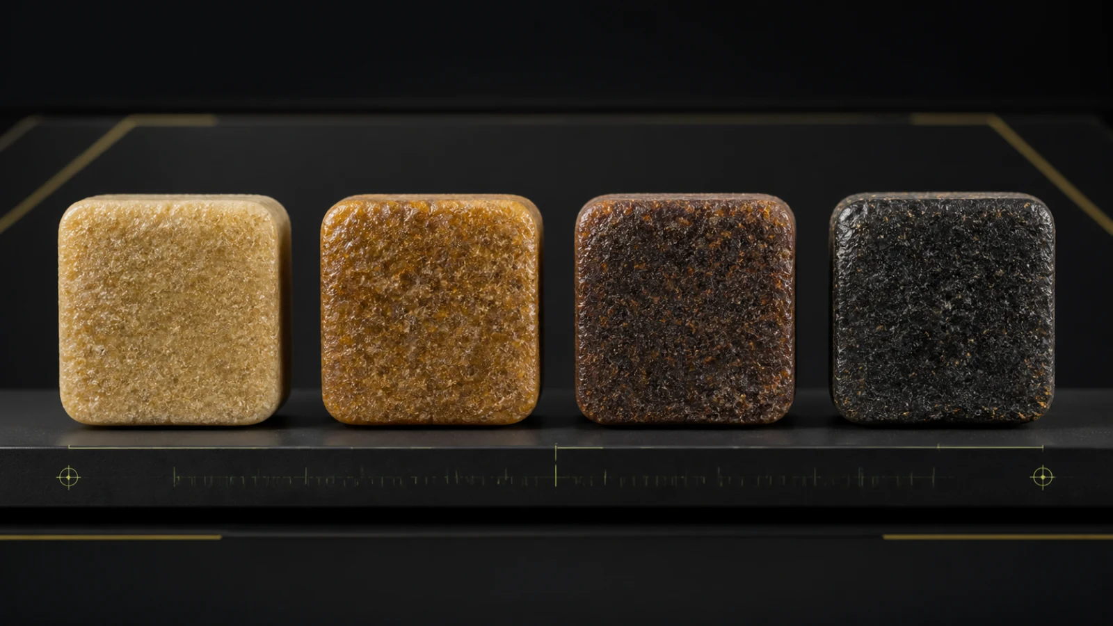 Nuancier macro de quatre résines CBD blonde, ambrée, brun rouge et noire éclairées sous la même lumière de studio