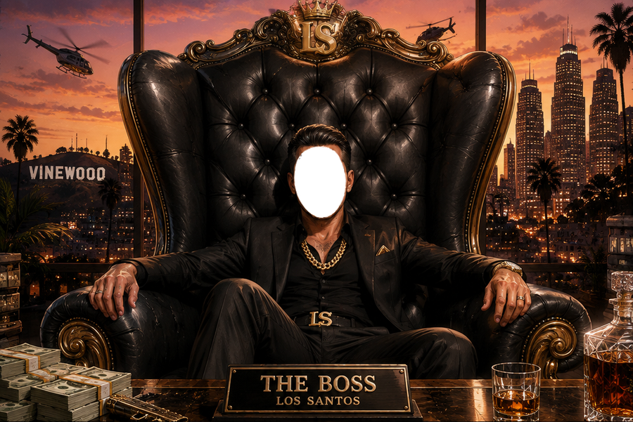 Fauteuil en cuir, costume noir, vue sur la ville.